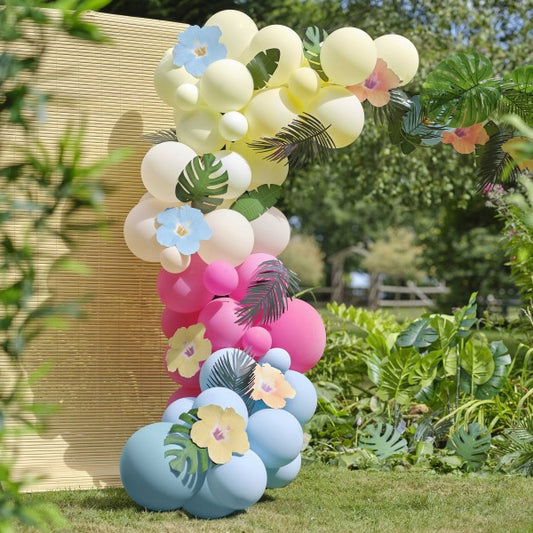 Ballonbogen -  Blau, Pink, Grün & Gelb - mit Papier und Kunst Blüten und Blätter
