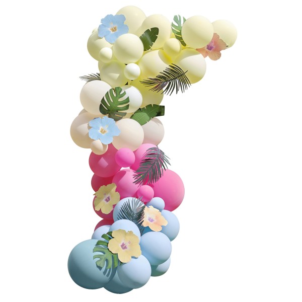 Ballonbogen -  Blau, Pink, Grün & Gelb - mit Papier und Kunst Blüten und Blätter
